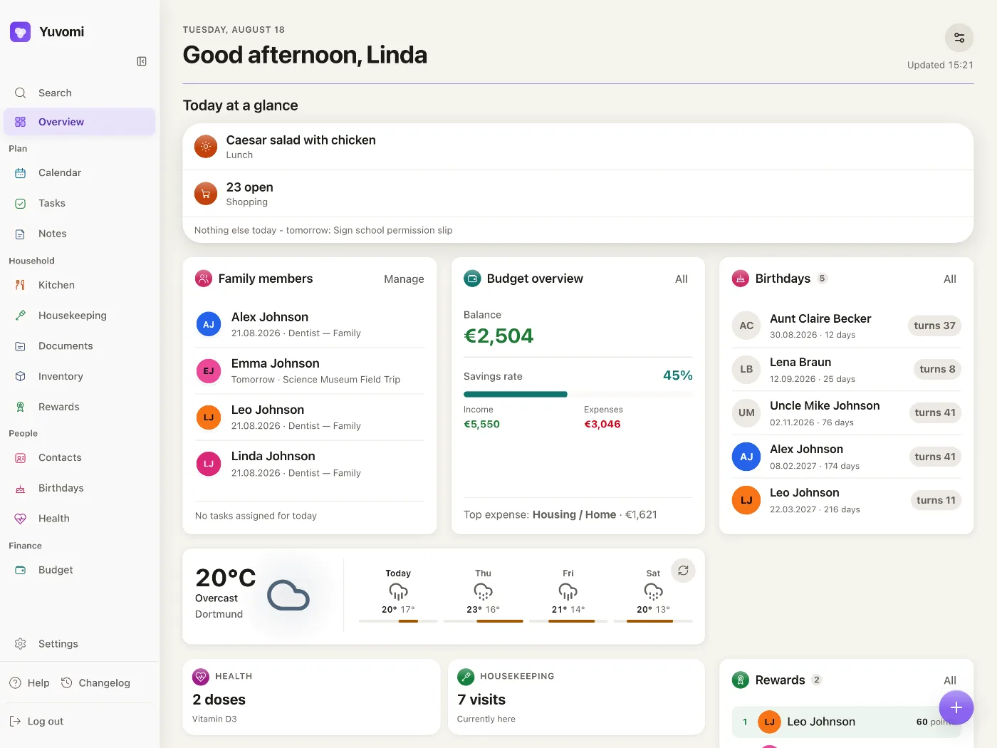 Yuvomi dashboard showing today's tasks, calendar, meals and shopping at a glance