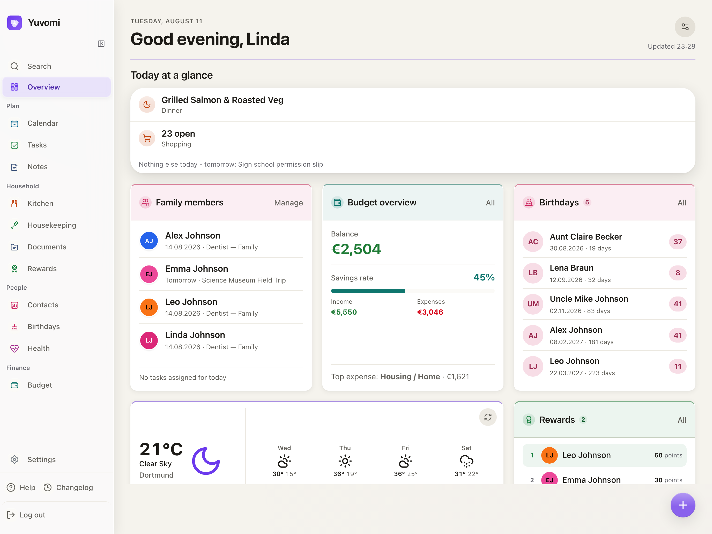 Yuvomi dashboard showing today's tasks, calendar, meals and shopping at a glance