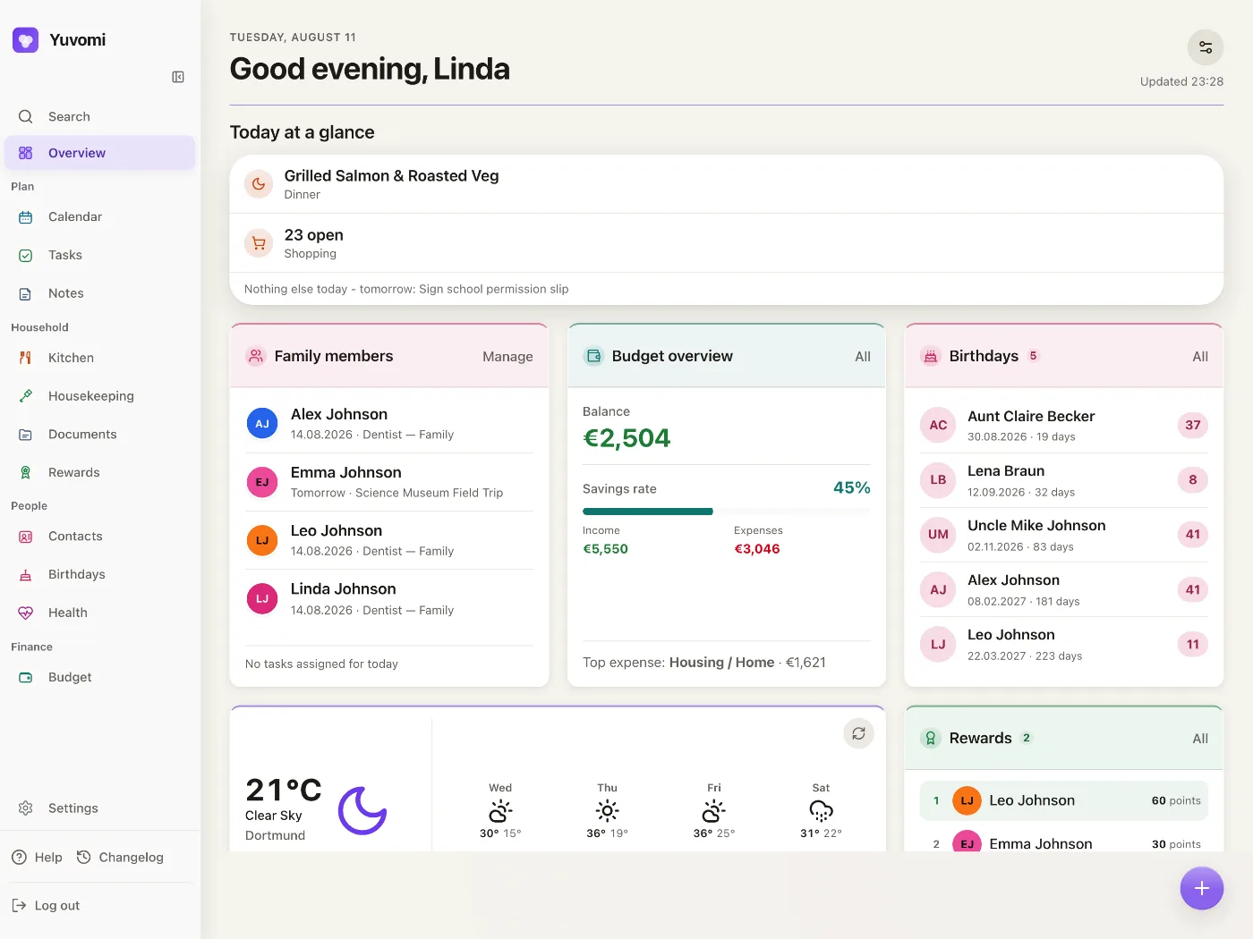 Yuvomi dashboard showing today's tasks, calendar, meals and shopping at a glance