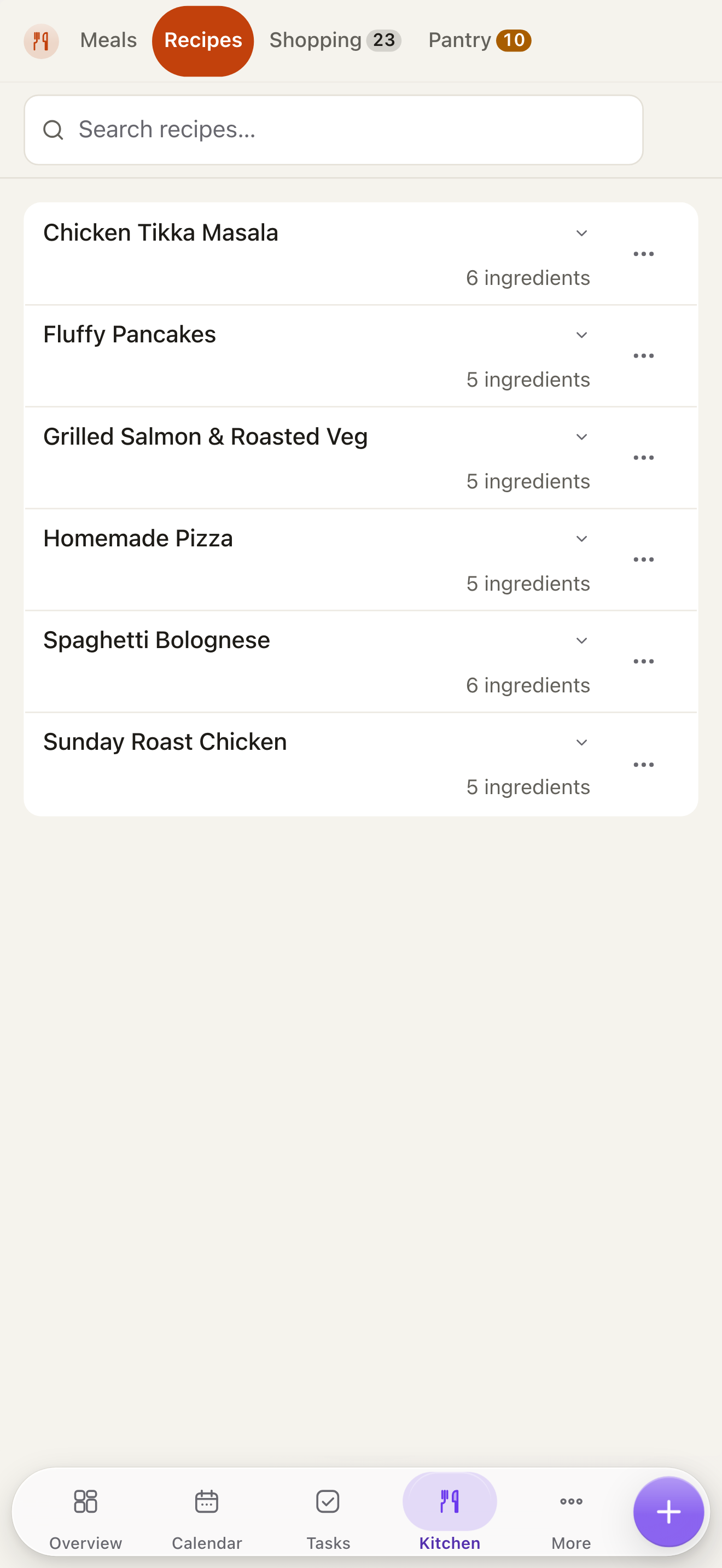 The recipe list on a phone
